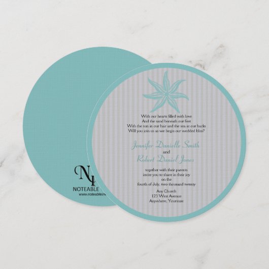 Aqua Starfish Stripe Beach Wedding Kaart (Voorkant / Achterkant)