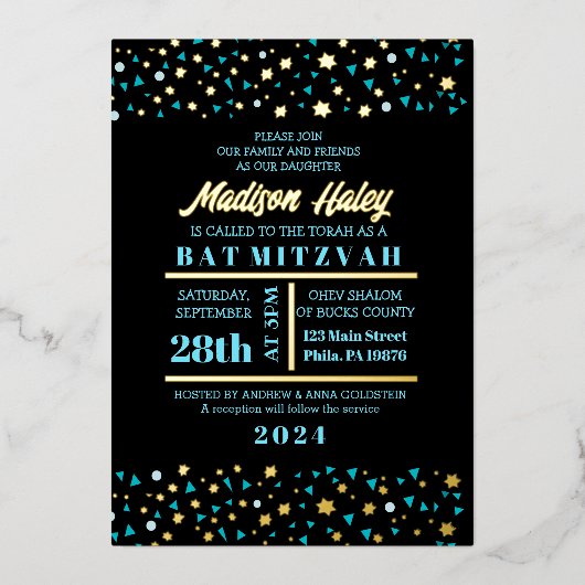 Aqua Stars Bar Bat Mitzvah Invitation Gold Foil Folie Uitnodiging (Voorkant)
