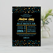 Aqua Stars Bar Bat Mitzvah Invitation Gold Foil Folie Uitnodiging (Staand Voorkant)