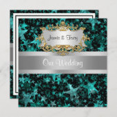 Aqua Stars grijs lint bruiloft uitnodiging (Voorkant / Achterkant)