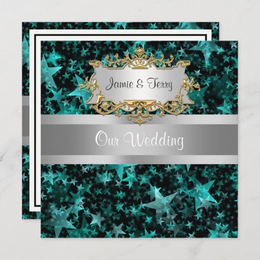 Aqua Stars grijs lint bruiloft uitnodiging (Voorkant / Achterkant)