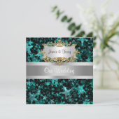 Aqua Stars grijs lint bruiloft uitnodiging (Staand voorkant)