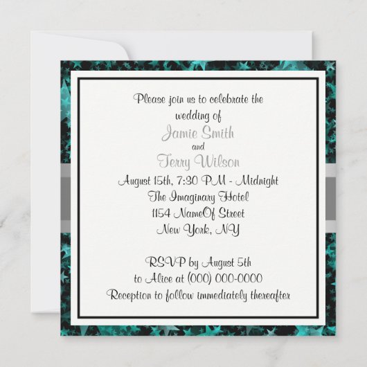 Aqua Stars grijs lint bruiloft uitnodiging (Achterkant)