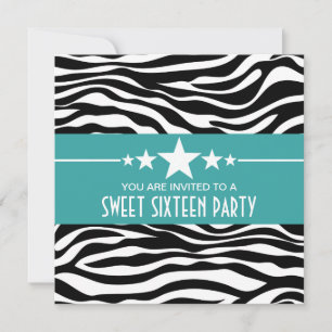 Aqua Stars Zebra Print Sweet 16 Invite Kaart