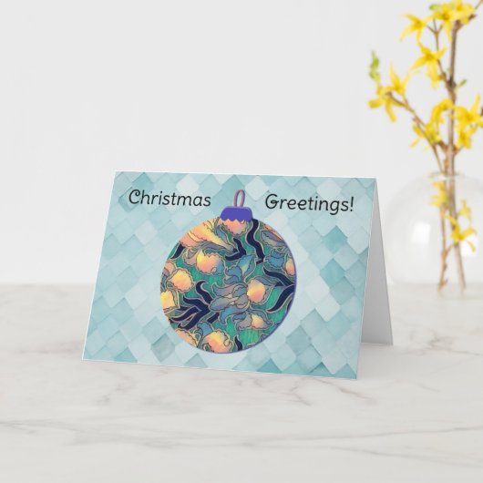 Aqua  Stijl Blauw Kerst Ornament Kaart (Gele Bloem)