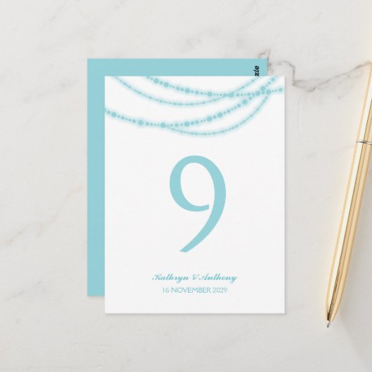 Aqua Stijlvolle Sparkling Lights Trouwtafel Nummer Briefkaart (Voorkant / Achterkant in situ)