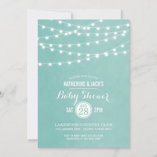 Aqua String Lights Baby shower Invitation Kaart (Voorkant)