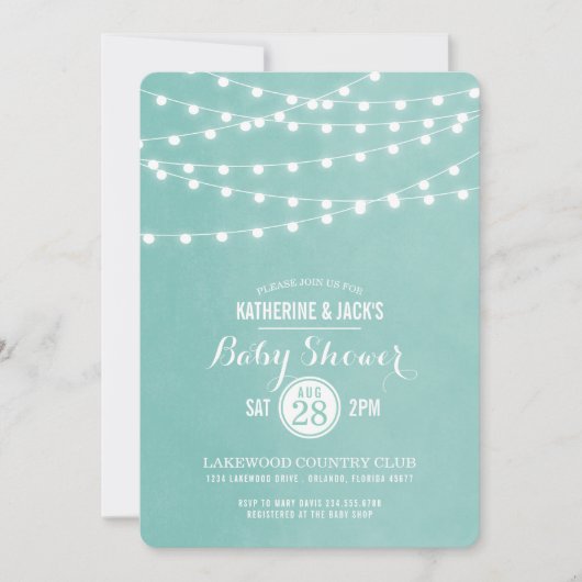 Aqua String Lights Baby shower Invitation Kaart (Voorkant)
