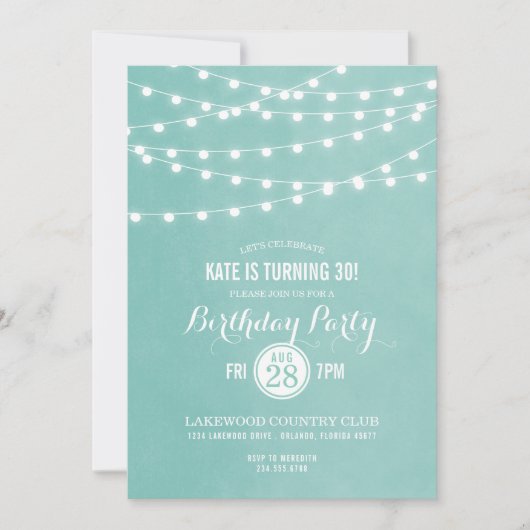 Aqua String Lights Verjaardagsfeestuitnodiging Kaart (Voorkant)