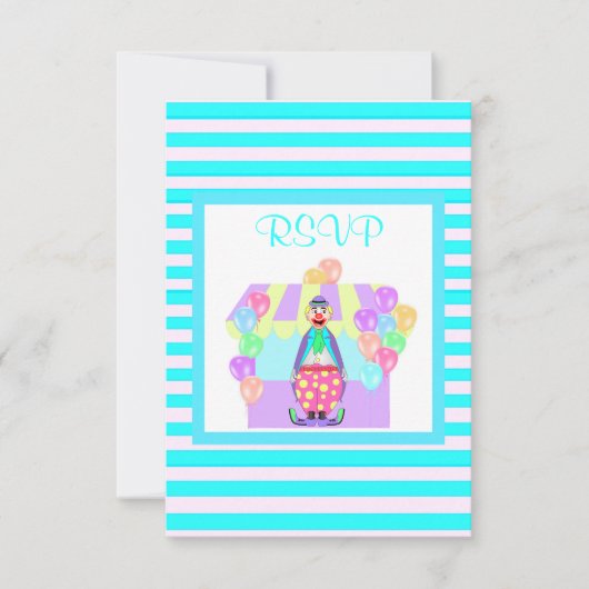 Aqua stripe clown circus rsvp kaartje (Voorkant)