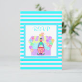 Aqua stripe clown circus rsvp kaartje (Staand voorkant)