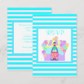 Aqua stripe clown circus rsvp kaartje (Voorkant / Achterkant)
