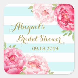Aqua Stripes Roze Bloemen Vrijgezellenfeest Favor  Vierkante Sticker