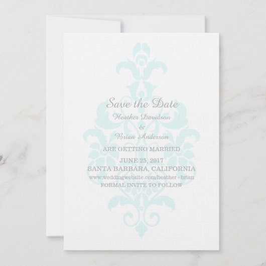 Aqua Subtle Damask Save the Date Uitnodiging (Voorkant)