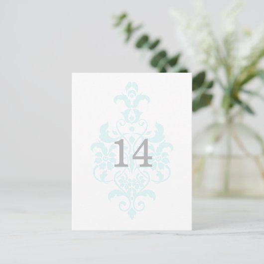 Aqua Subtle Damask Table Number Briefkaart (Staand voorkant)