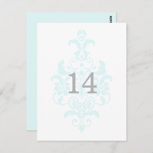 Aqua Subtle Damask Table Number Briefkaart (Voorkant / Achterkant)
