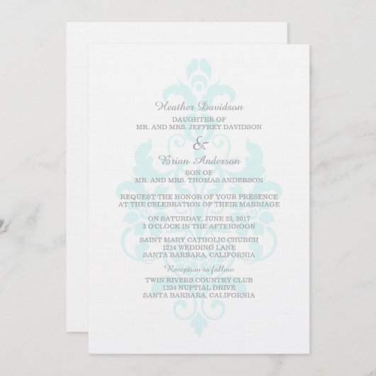 Aqua Subtle Damask Wedding Invite Kaart (Voorkant / Achterkant)