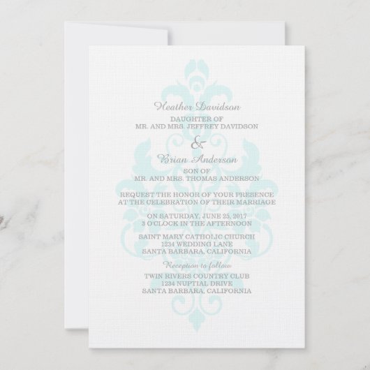 Aqua Subtle Damask Wedding Invite Kaart (Voorkant)