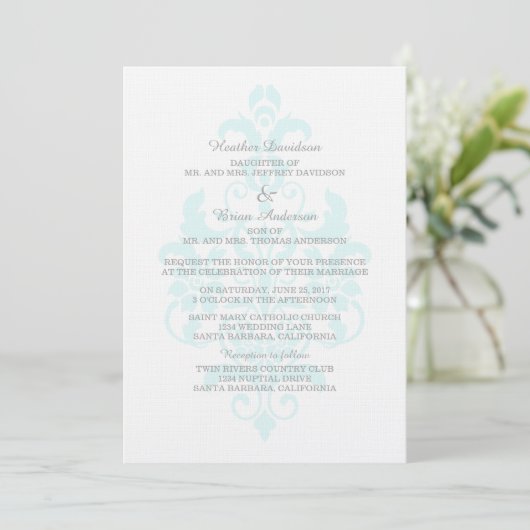 Aqua Subtle Damask Wedding Invite Kaart (Staand voorkant)