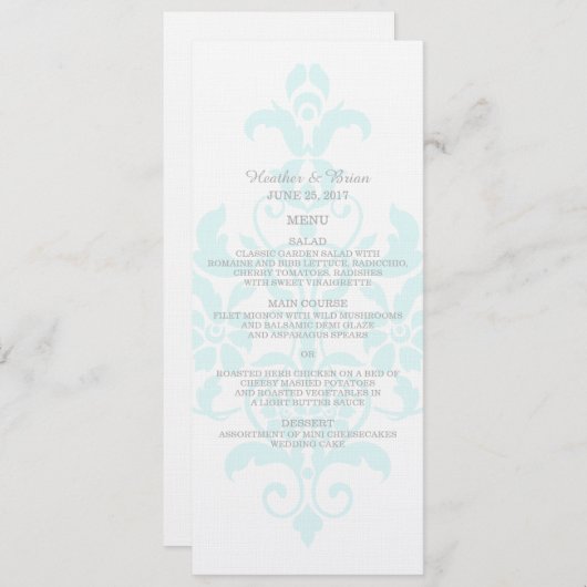 Aqua Subtle Damask Wedding Menu (Voorkant / Achterkant)