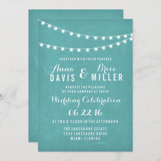 Aqua Summer String Light Huwelijksuitnodigingen Kaart (Voorkant / Achterkant)