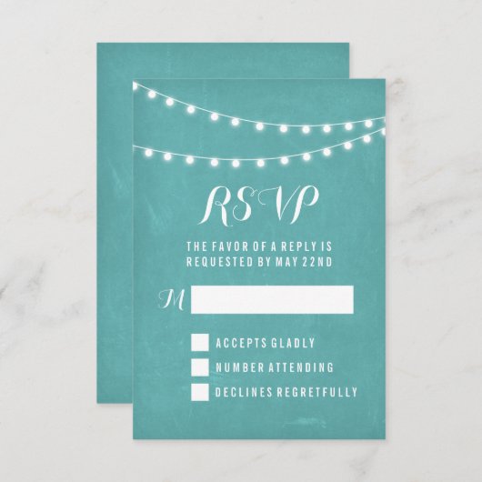 Aqua Summer String Light Trouwdag RSVP Kaartje (Voorkant / Achterkant)