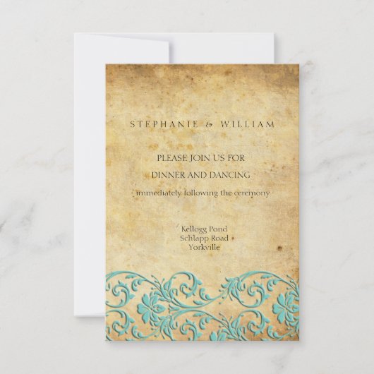 Aqua  Swirl Damask Wedding Reception Kaart (Voorkant)