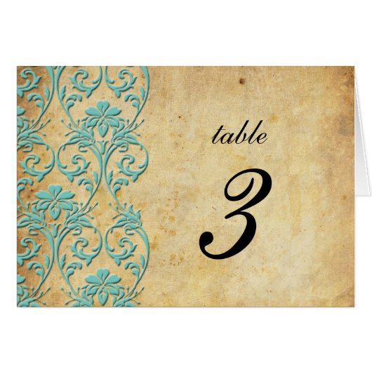 Aqua  Swirl Damask Wedding Table Number (Voorkant Horizontaal)