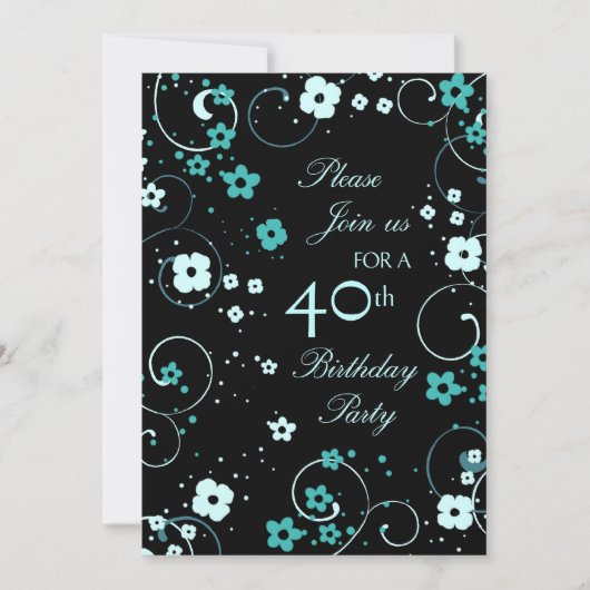 Aqua Swirls 40th Birthday Party Invitation Card Kaart (Voorkant)