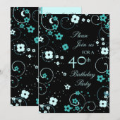 Aqua Swirls 40th Birthday Party Invitation Card Kaart (Voorkant / Achterkant)