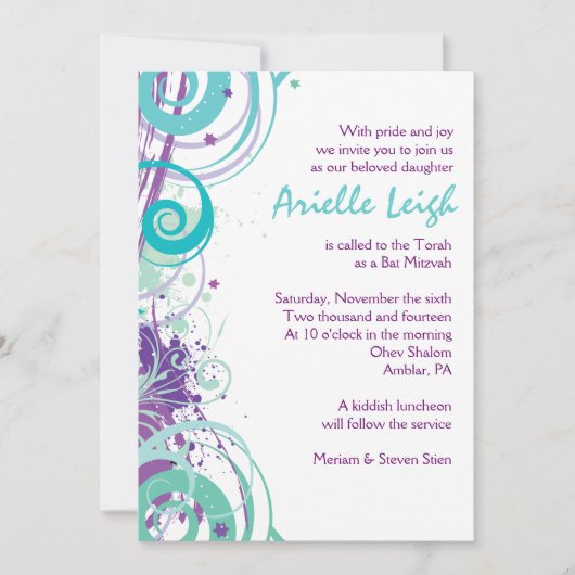 AQUA SWIRLS & STARS Bat Mitzvah Invitation Kaart (Voorkant)