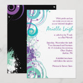 AQUA SWIRLS & STARS Bat Mitzvah Invitation Kaart (Voorkant / Achterkant)