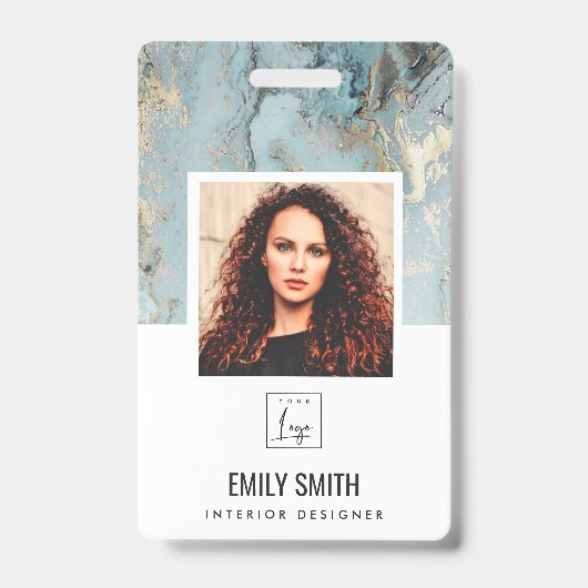 AQUA TEAL AGATE WERKNEMER FOTO BARCODE NAAMBORDJE BADGE (Voorzijde)