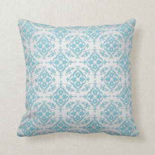 Aqua Teal Blauw en Zilver Damast Kussen