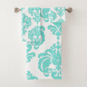 Aqua Teal Blauw & Witte Royal Glam Damast Bad Handdoek