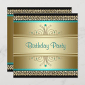 Aqua Teal Blauwe en Gouden Verjaardagsfeestje Kaart (Voorkant / Achterkant)