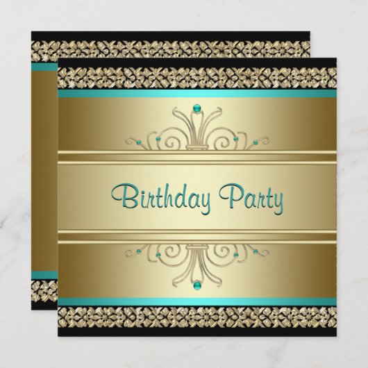 Aqua Teal Blauwe en Gouden Verjaardagsfeestje Kaart (Voorkant / Achterkant)