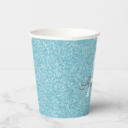 Aqua Teal Blauwe Glitter en Glans Monogram Papieren Bekers (Rechts)