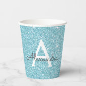 Aqua Teal Blauwe Glitter en Glans Monogram Papieren Bekers (Voorkant)