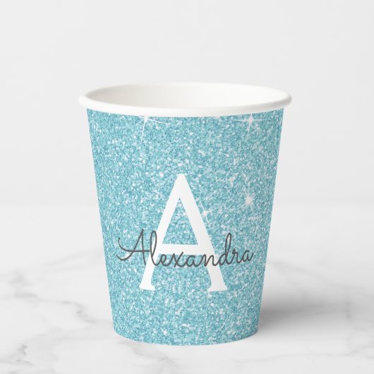 Aqua Teal Blauwe Glitter en Glans Monogram Papieren Bekers (Voorkant)