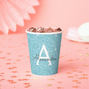 Aqua Teal Blauwe Glitters en Glans Monogram Papieren Bekers