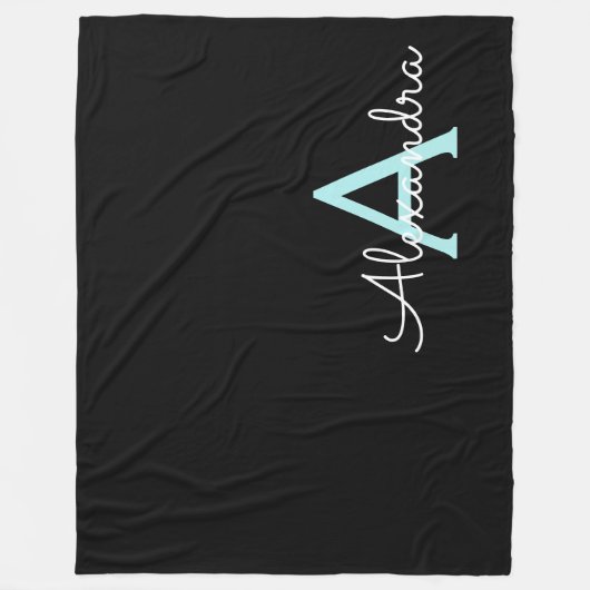 Aqua Teal Blauwe Script Meisjesachtige Monogram Na Fleece Deken (Voorkant)