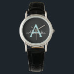 Aqua Teal Blauwe Script Meisjesachtige Monogram Na Horloge<br><div class="desc">Zwart en Aqua Teal Blauw Eenvoudig Schrift Monogram Naam Horloge. Dit is het perfecte afstudeer-,  verjaardags-,  trouw-,  bruidsbeurtenis-,  jubileum-,  babyshower- of vrijgezellenfeest cadeau voor iemand die houdt van glamour luxe en chic stijlen.</div>