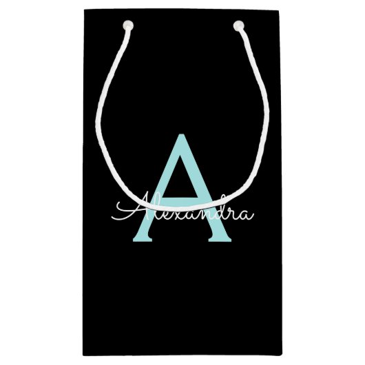 Aqua Teal Blauwe Script Meisjesachtige Monogram Na Klein Cadeauzakje (Achterkant)