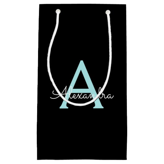 Aqua Teal Blauwe Script Meisjesachtige Monogram Na Klein Cadeauzakje (Voorkant)