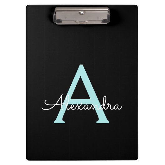 Aqua Teal Blauwe Script Meisjesachtige Monogram Na Klembord (Voorkant)