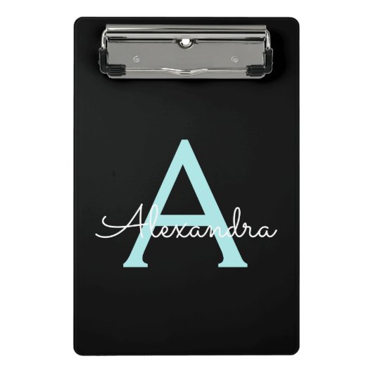 Aqua Teal Blauwe Script Meisjesachtige Monogram Na Mini Klembord (Voorkant)
