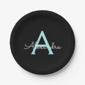 Aqua Teal Blauwe Script Meisjesachtige Monogram Na Papieren Bordje (Voorkant)