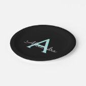 Aqua Teal Blauwe Script Meisjesachtige Monogram Na Papieren Bordje (Gekanteld)