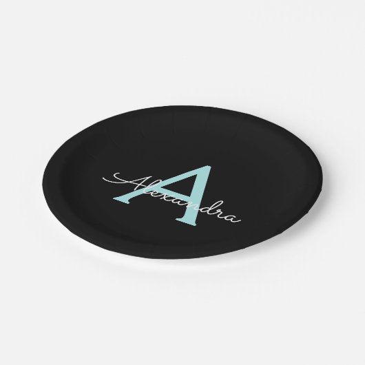 Aqua Teal Blauwe Script Meisjesachtige Monogram Na Papieren Bordje (Gekanteld)